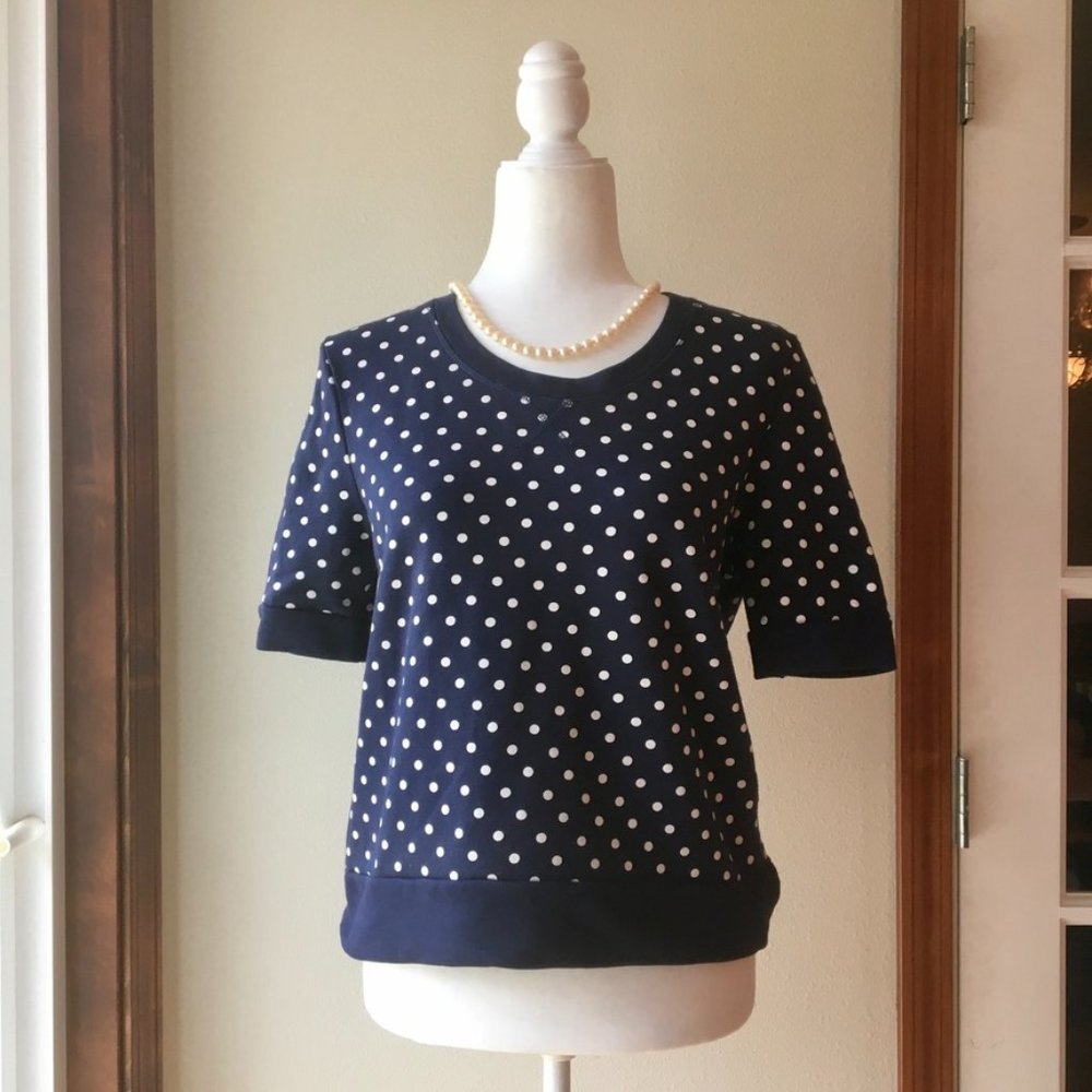 Zara Navy Blue White Polka Dot Short Sleeve Sweatshirt Top Crewneck Pullover M